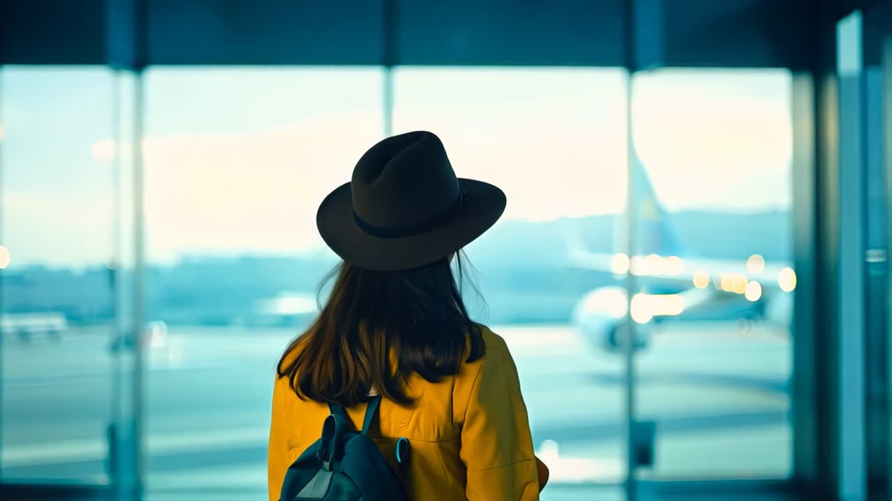 黄色いジャケットを着て黒い帽子をかぶり、空港に立っている女性。