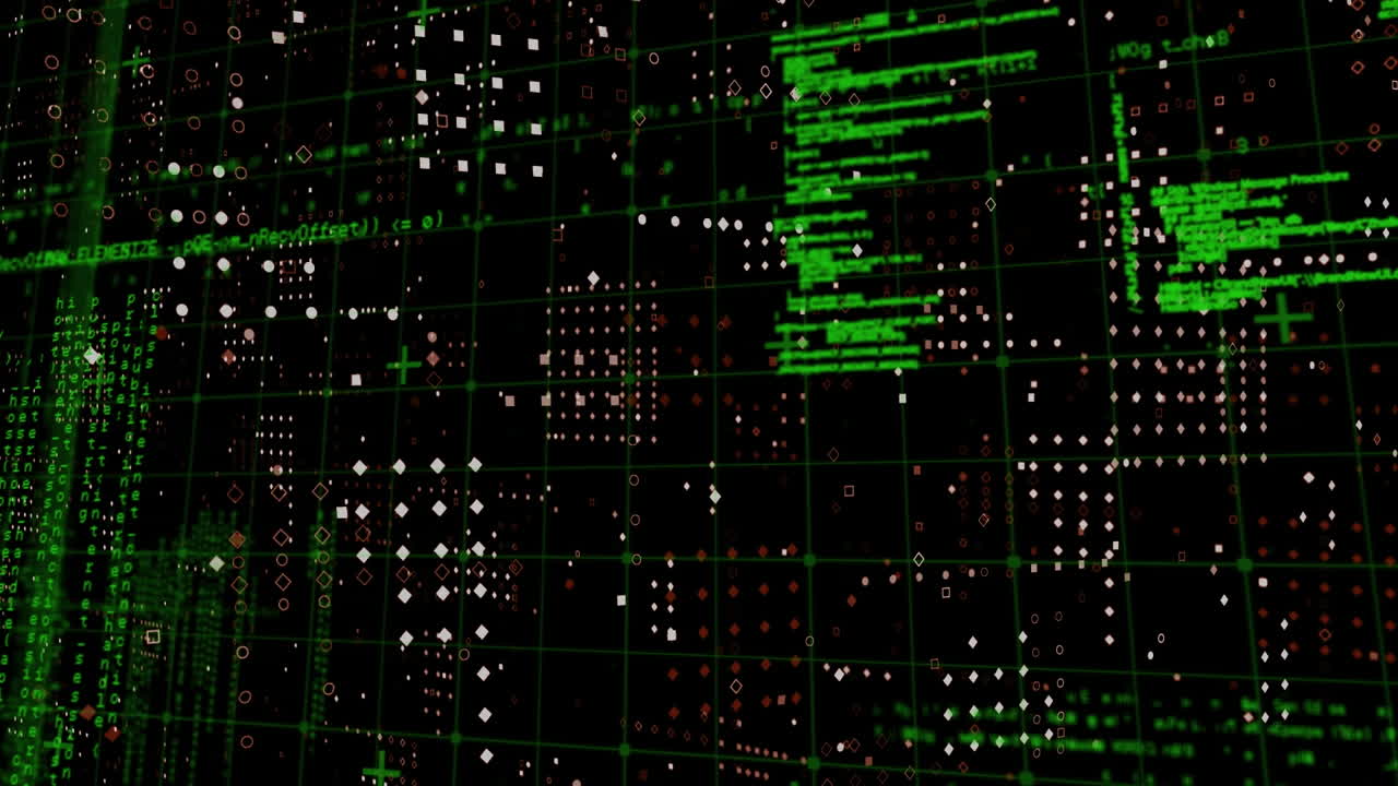 animación del procesamiento de datos a través de la red de cuadrícula contra el patrón de puntos de filas en fondo negro.