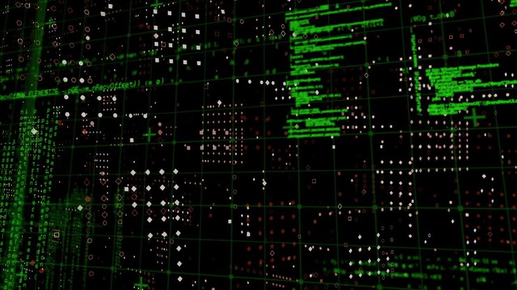 Animation of data processing over grid network against rows dots pattern on black background