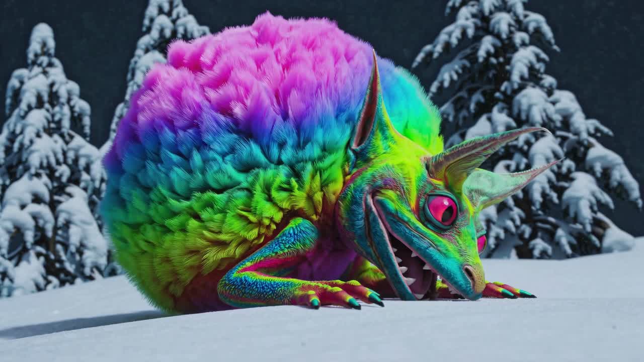 Colorful Fluffy Fantasy Creature in a Snowy Forest