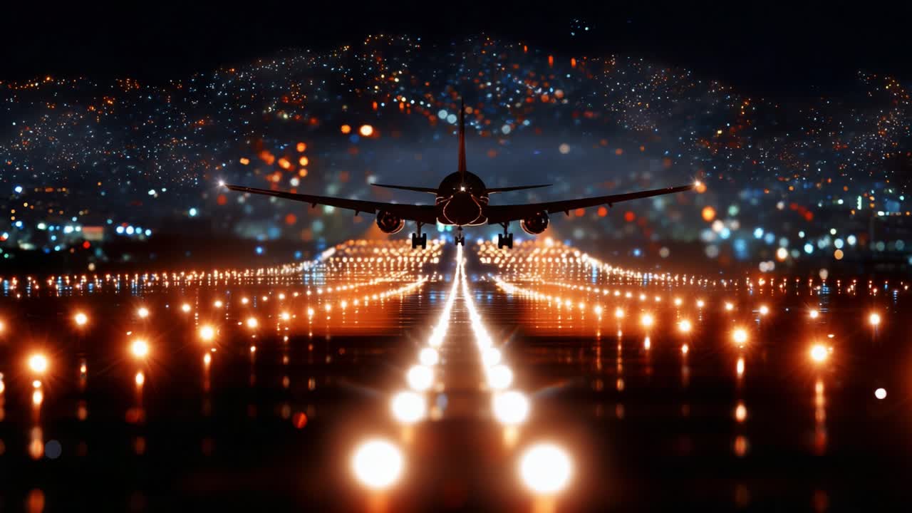 En fantastisk luftfoto av et fly som lander på en strålende opplyst rullebane om natten, som viser de livlige bylysene i bakgrunnen, og fanger essensen av luftfart og urban skjønnhet