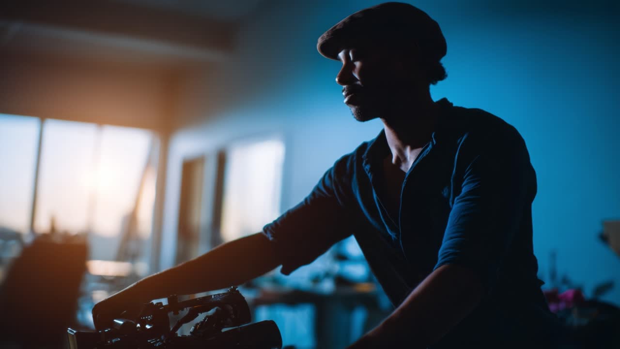 Silhouette di una persona con ruote in una stanza poco illuminata, che cattura un momento di contemplazione sotto una luce soffusa e ombre, evocando un senso di riflessione