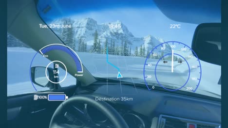 Animation-of-speedometer,-gps-and-charge-data-on-interface,-over-car-interior-in-winter-landscape