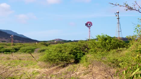 4k-60fps-panning-shot-of-windpumps-standing-and-spinning-in-rural-farm-field-in-the-Caribbean