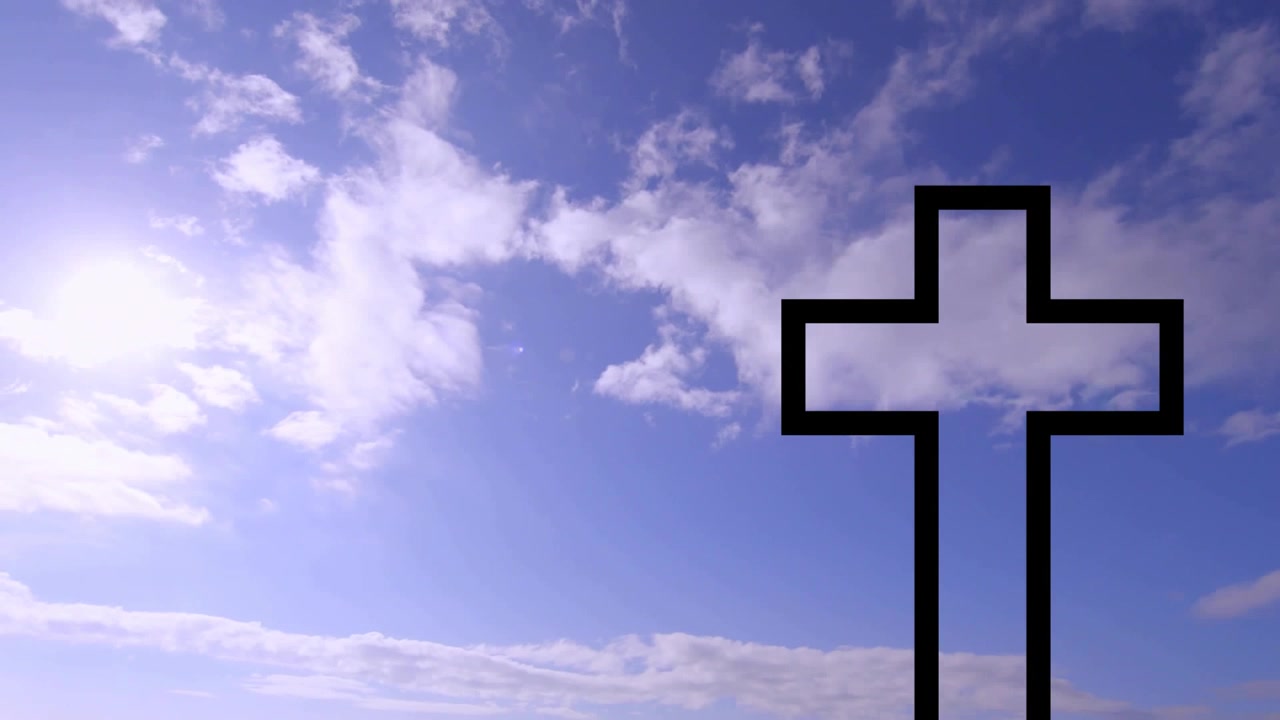Al caricamento, nuvole che fluttuano e luce solare che si sposta su un cielo blu accanto a una croce cristiana, a indicare il passare del tempo.