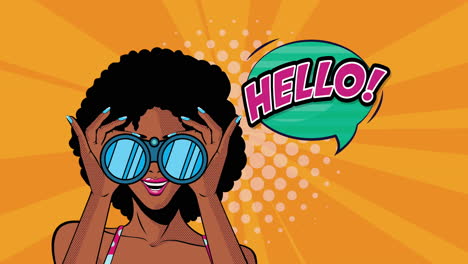 woman looking through binoculars with hello speech bubble
