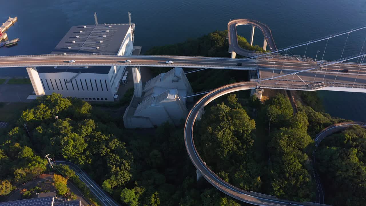 Aerial View over Japanese Massive Bridge, Kurushima Kaikyo at Sunset in Imabari