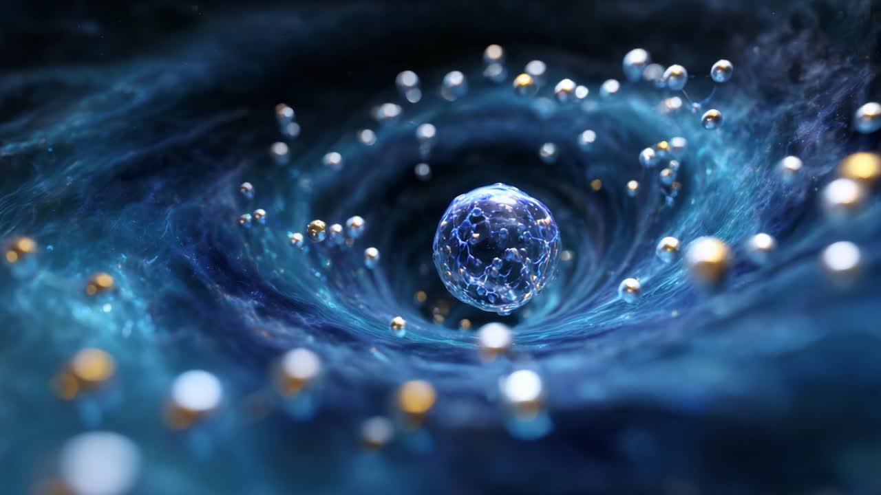 A mesmerizing visual of a floating sphere at the center of a swirling cosmic vortex, surrounded by glowing particles and a dynamic, ethereal blue background