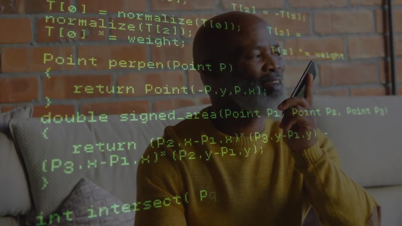 Data processing over african american senior man talking on smartphone sitting on the couch at home