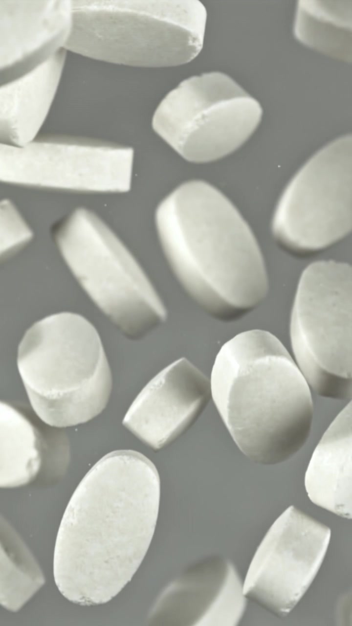 Pillole e compresse bianche che galleggiano su sfondo grigio