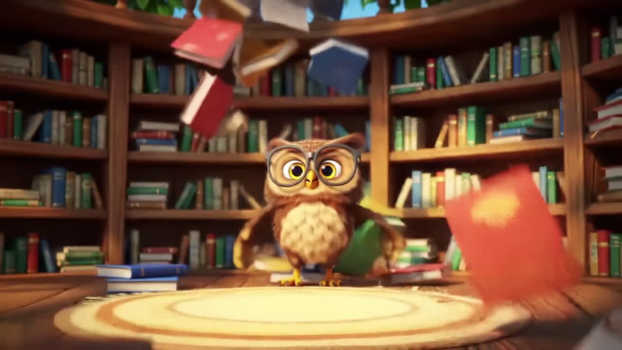 A Wise Owl in a Cozy Library Setting, Filled with Books, Beaming with Excitement and Curiosity, Showcasing the Joy of Learning and Discovery
