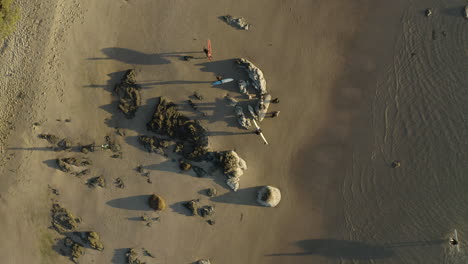 4k static aerial shot of surfers walking on a beach with their surf boards during sunset at byron bay, australia