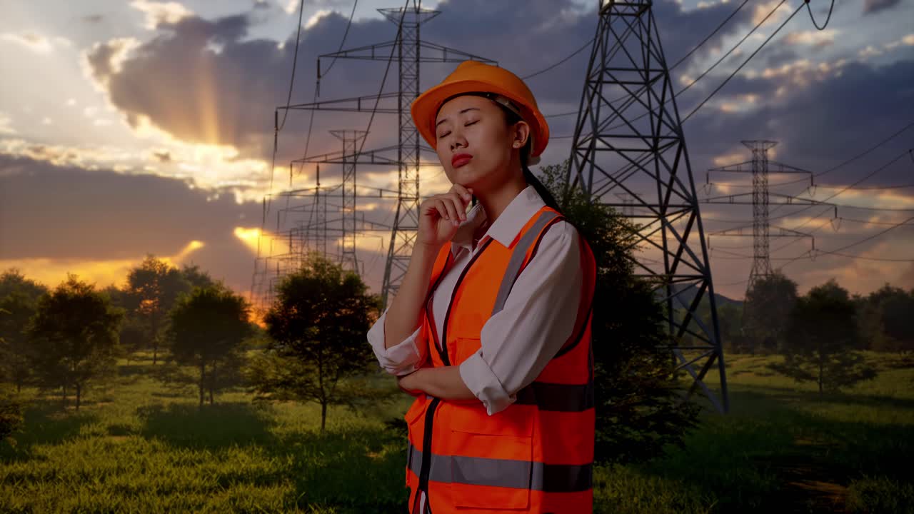 Engenheira de avental e capacete de segurança pensando perto de linhas de energia ao pôr do sol