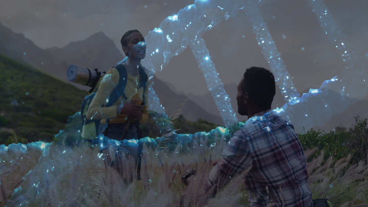 Hiking partners exploring digital DNA helix hovering above meadow at dusk, highlighting biotech