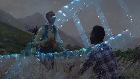 hiking partners exploring digital dna helix hovering above meadow at dusk, highlighting biotech
