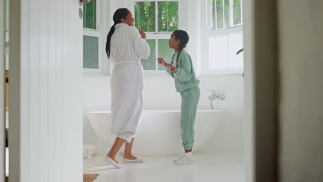 dance, kid or mother singing in bathroom grooming