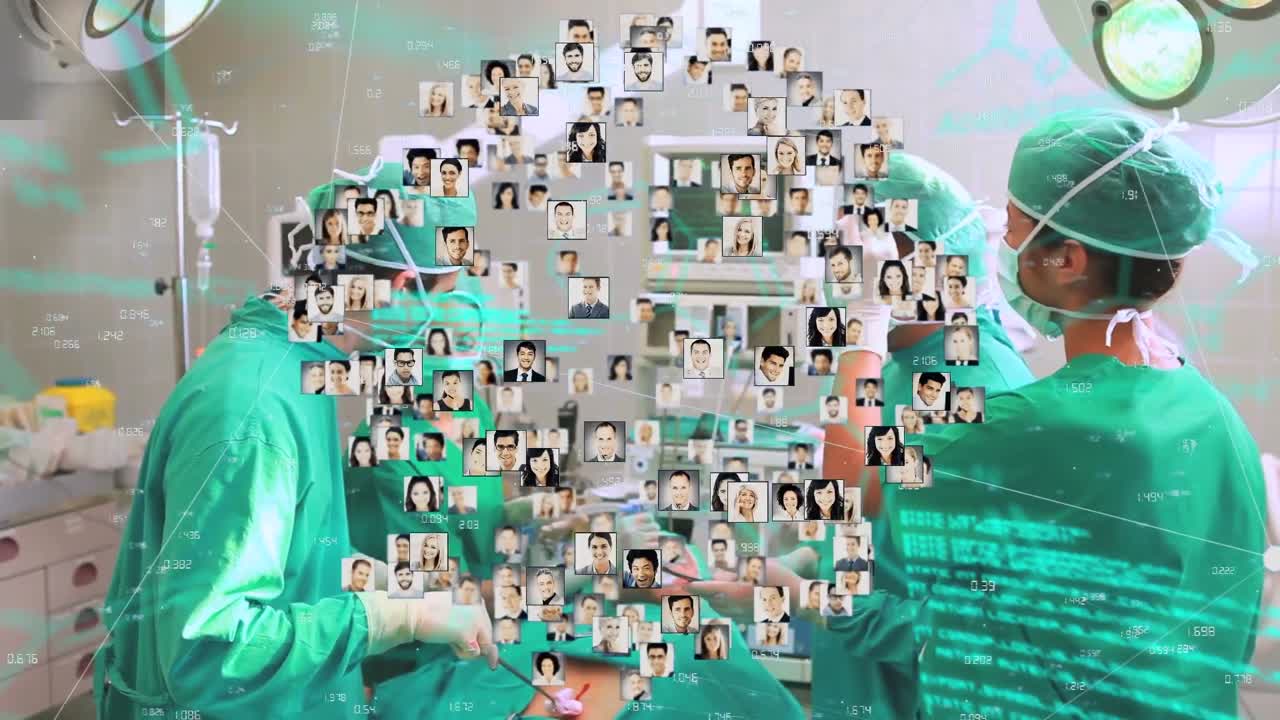 Animation of globe with people's photos and data over diverse surgeons in operating theatre