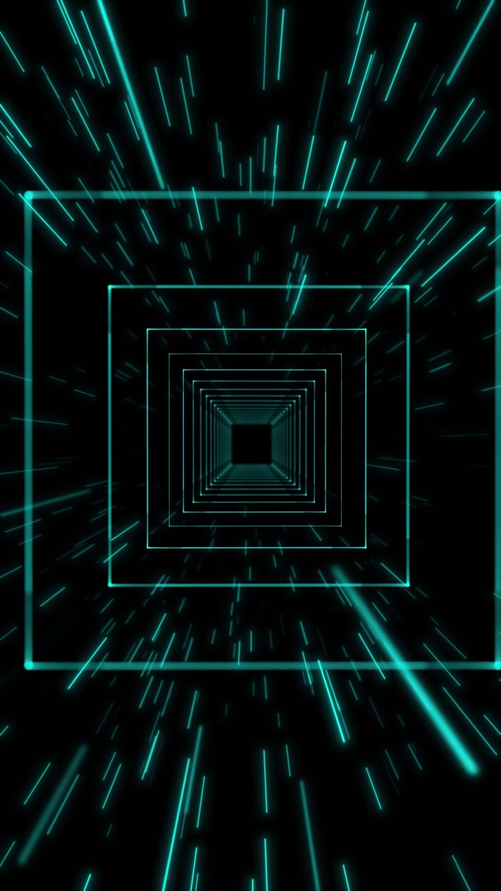 Sfondo a tunnel quadrato neon giallo con cornici geometriche luminose, profondità digitale nera e dinamica.