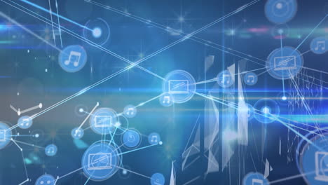 animation of network of connections with icons over shapes on blue background