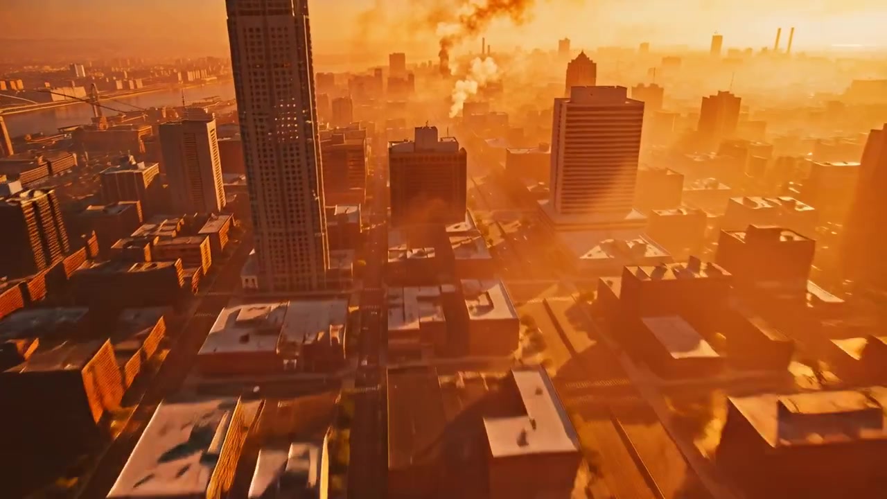 Drone descendo, capturando os telhados do centro da cidade ao nascer do sol para mostrar a névoa, revelando plumas de fumaça.
