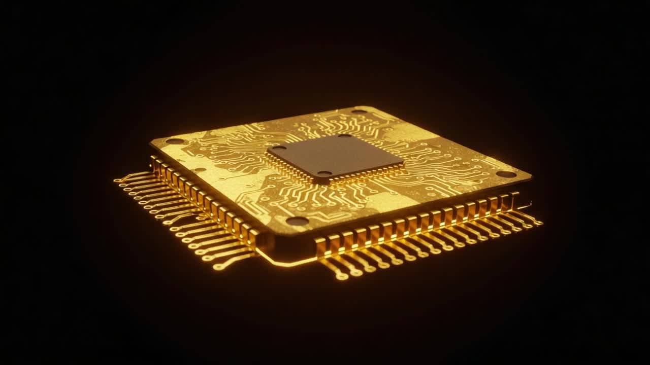 Golden Microchip Showcase: A Close-Up Perspective Highlighting the Intricate Circuitry and Design of a Sophisticated Electronic Processor in a Dark Setting