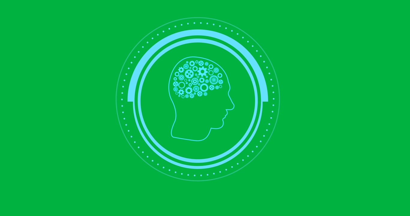 Animazione di un cervello AI con ingranaggi ed elaborazione dati su sfondo trasparente
