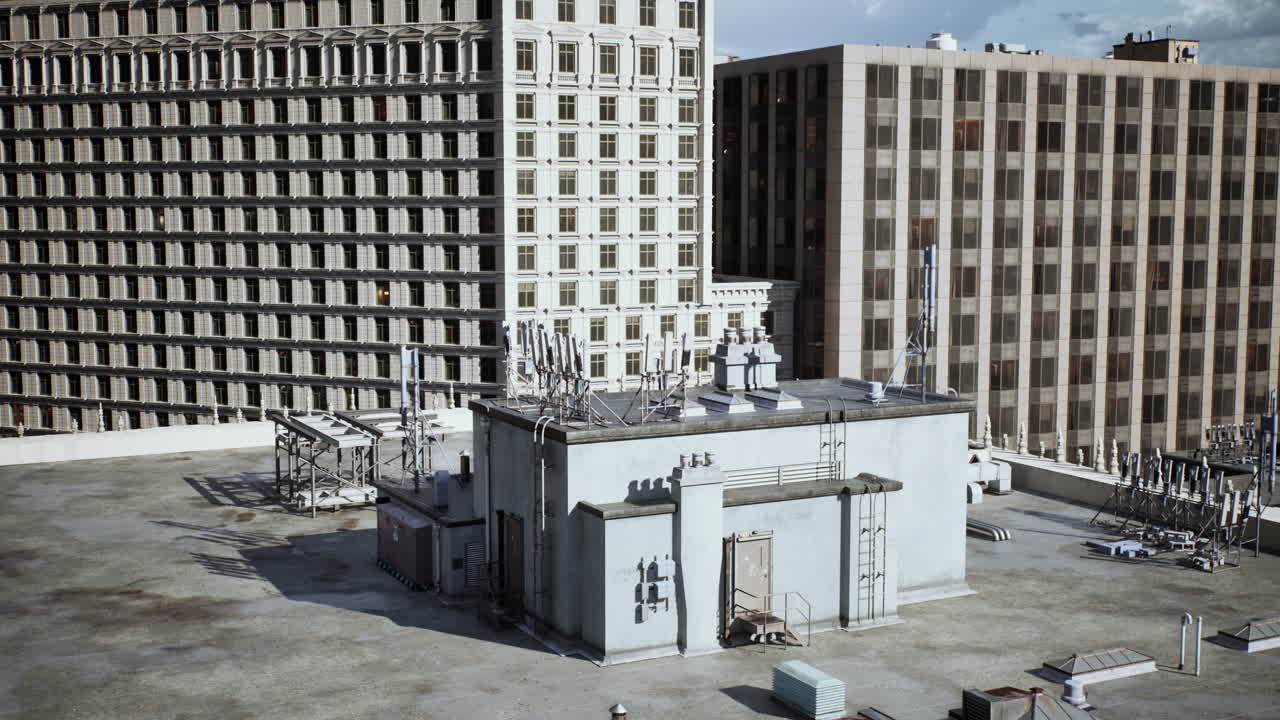 도시 지붕에 통신 장비가 있습니다.