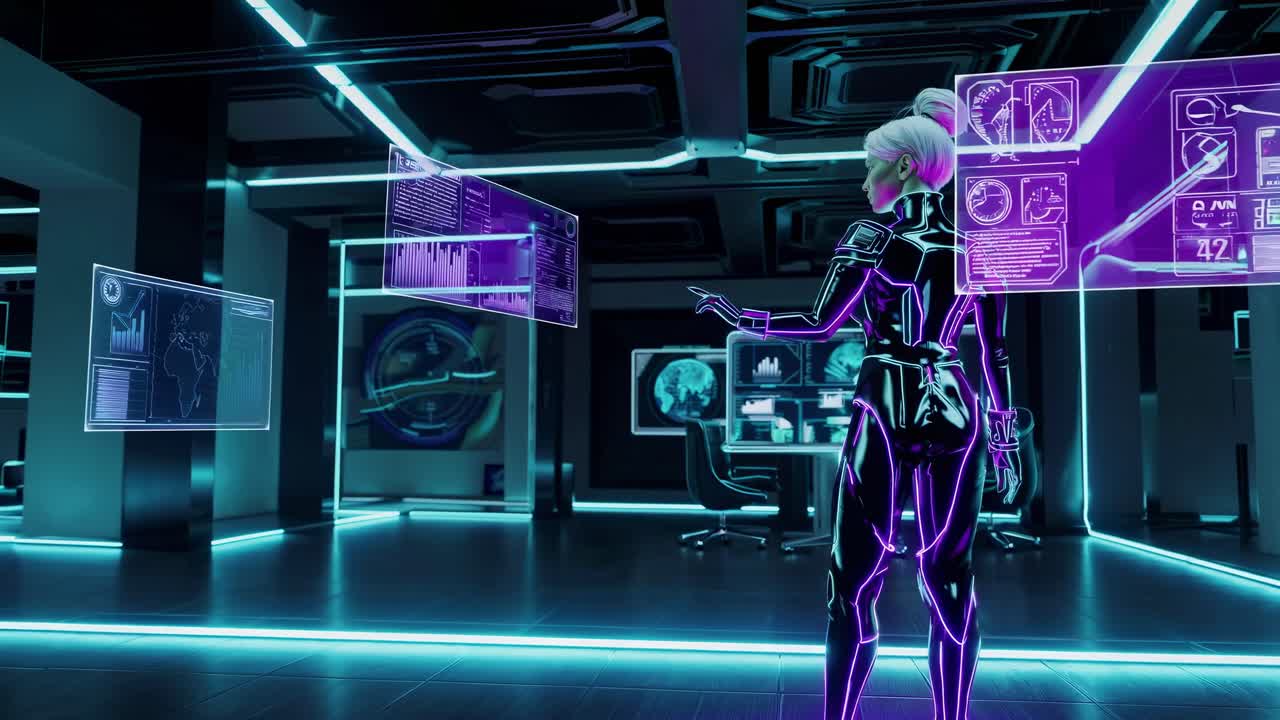 Futuristic Woman in a Cyber Suit Interacting with Holograms