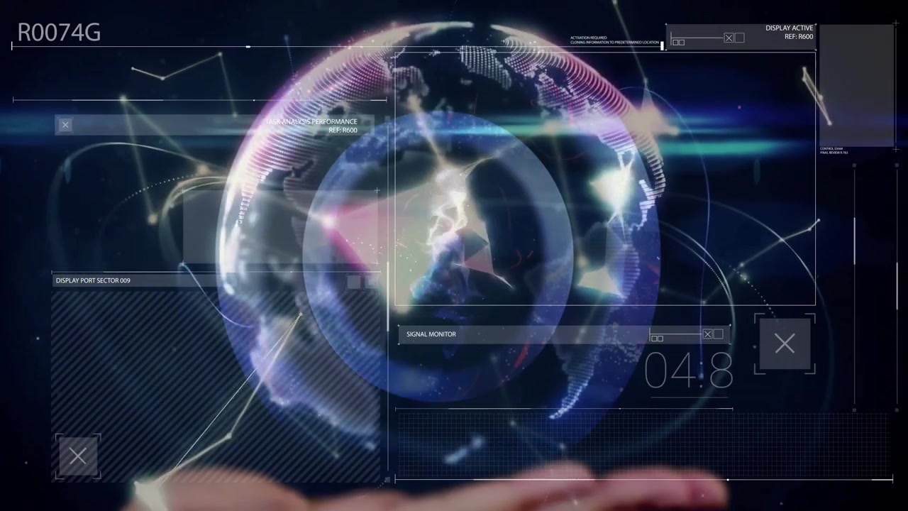 Pada panel data yang memudar masuk, bola dunia holografik terbentuk dan berputar di atas tangan yang memantau kinerja.