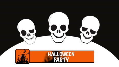 animation of halloween party and skulls on black background