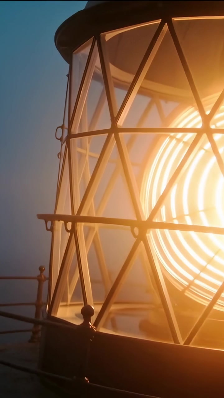 Video verticale: Una lente di Fresnel rotante, azionata da un motore, proietta un raggio caldo attraverso la nebbia, guidando le navi.