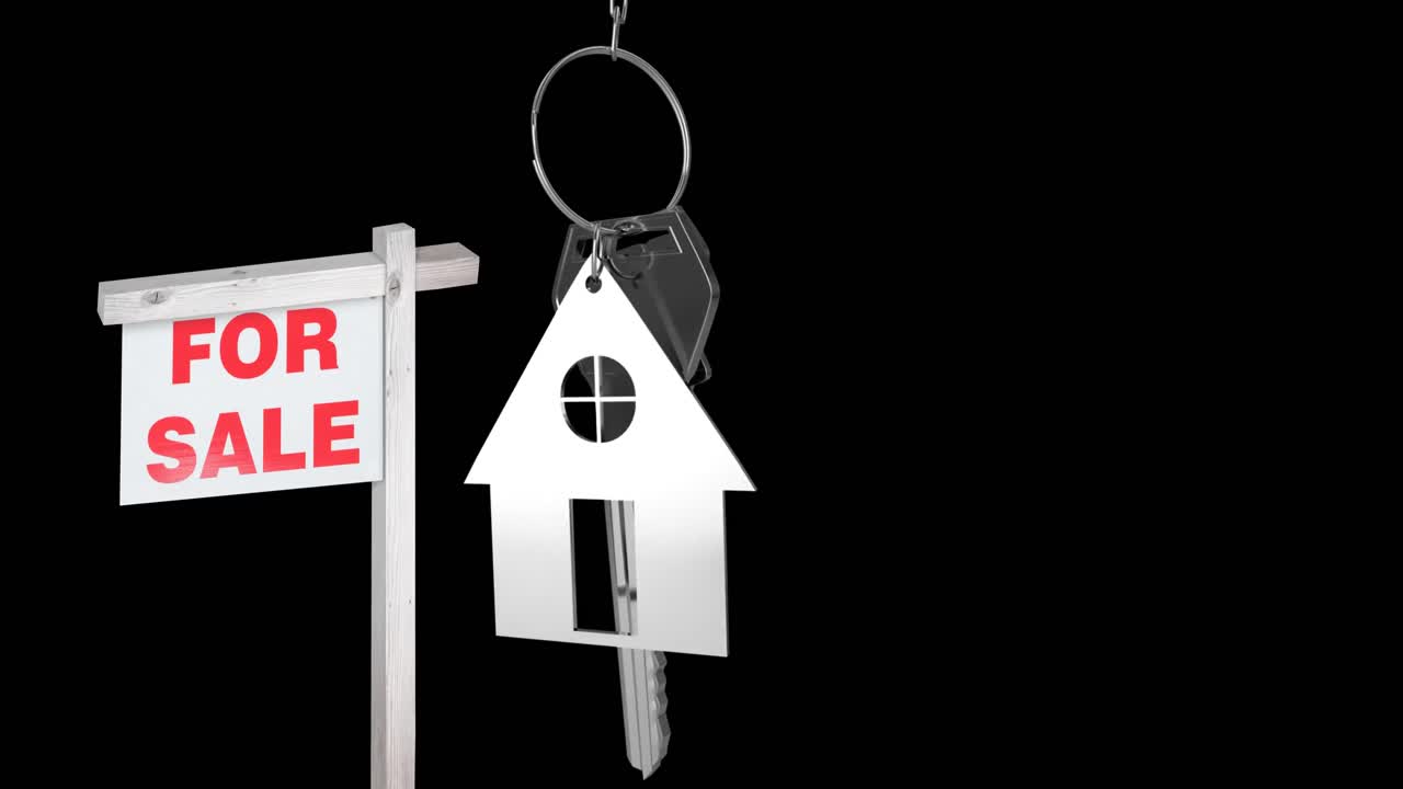 Animation d'un panneau 'Maison à vendre' et de clés de maison sur fond noir