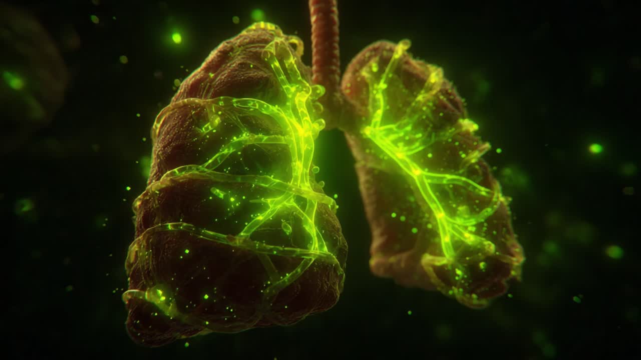 A Close-Up, High-Detail Visualization of Lungs Illuminated with Green Patterns, Highlighting Their Structure and Function in a Biological Context