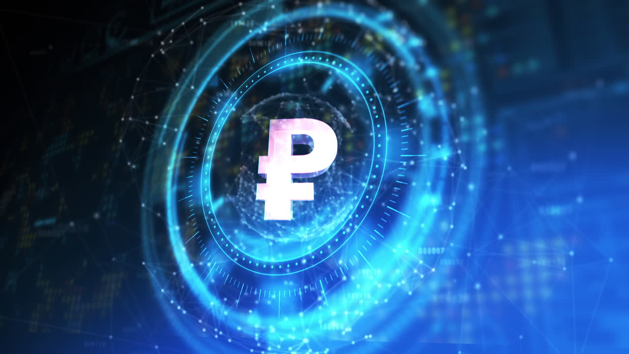 파란색과 검은색 디지털 공간 위에 회전하는 루블과 함께 처리 원의 애니메이션