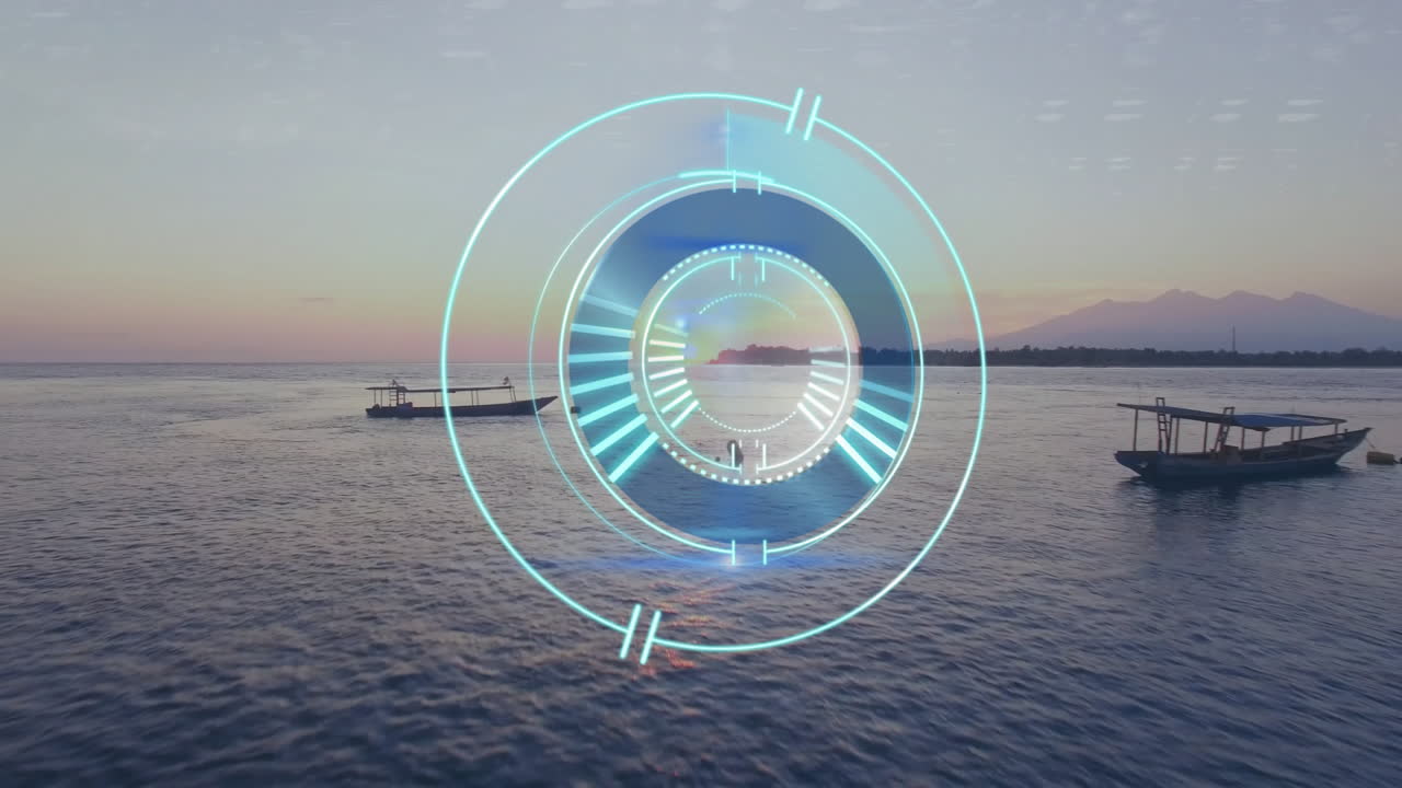 Digital interface overlaying tranquil ocean with boats during sunset scene