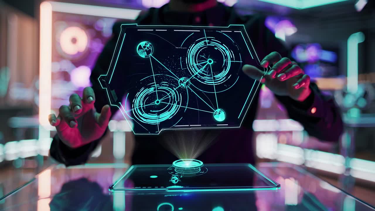 Futuristic classroom with students in VR headsets, viewed from a low angle