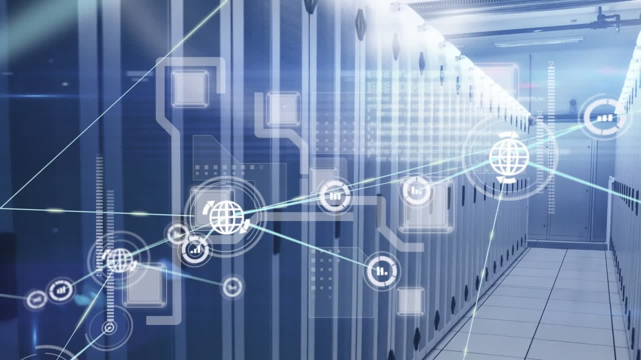 스 ⁇  스캐닝과 네트워크의 애니메이션과 컴퓨터 서버와 함께 기술 방의 아이콘