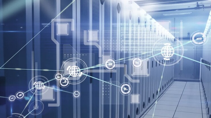 Animation of scope scanning and networks with icons over tech room with computer servers