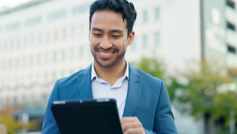 Happy,-walking-and-an-Asian-man-with-a-tablet