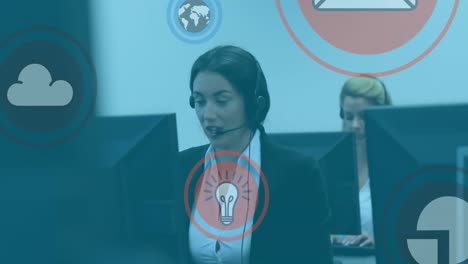 Animation-of-icons,-female-caucasian-service-representative-talking-with-customer-wearing-headphones