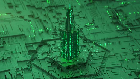torre digital de verde brillante código hexadecimal en bucle animación de renderización en 3d