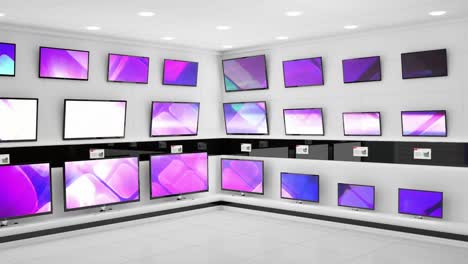 interior of electronics store with synchronized video playing on screens of multiple televisions