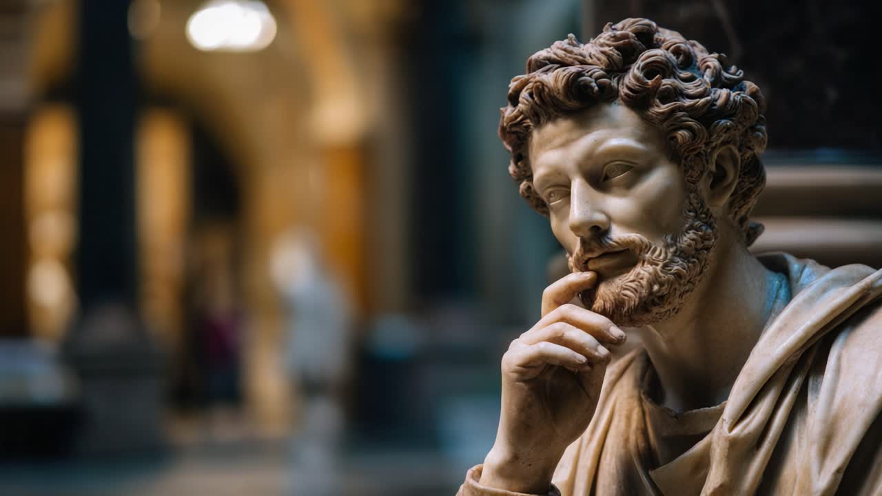 Scultura contemplativa in marmo: uno studio dettagliato di un antico filosofo profondamente assorto in un grande spazio culturale