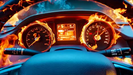 a car dashboard with flames coming out of it