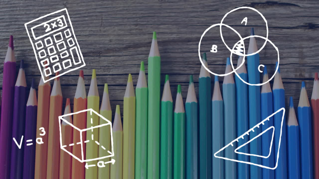 In school, colorful pencils arranged with animation of math symbols and equations