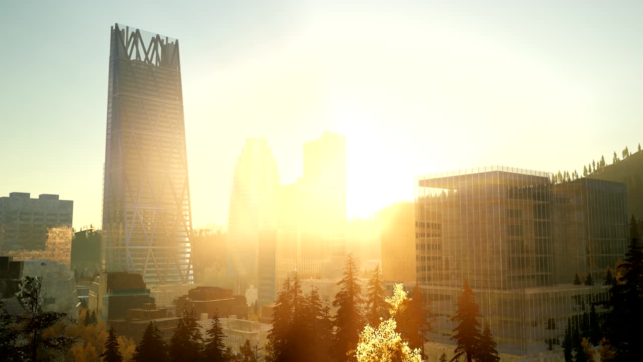 rascacielos y puesta de sol