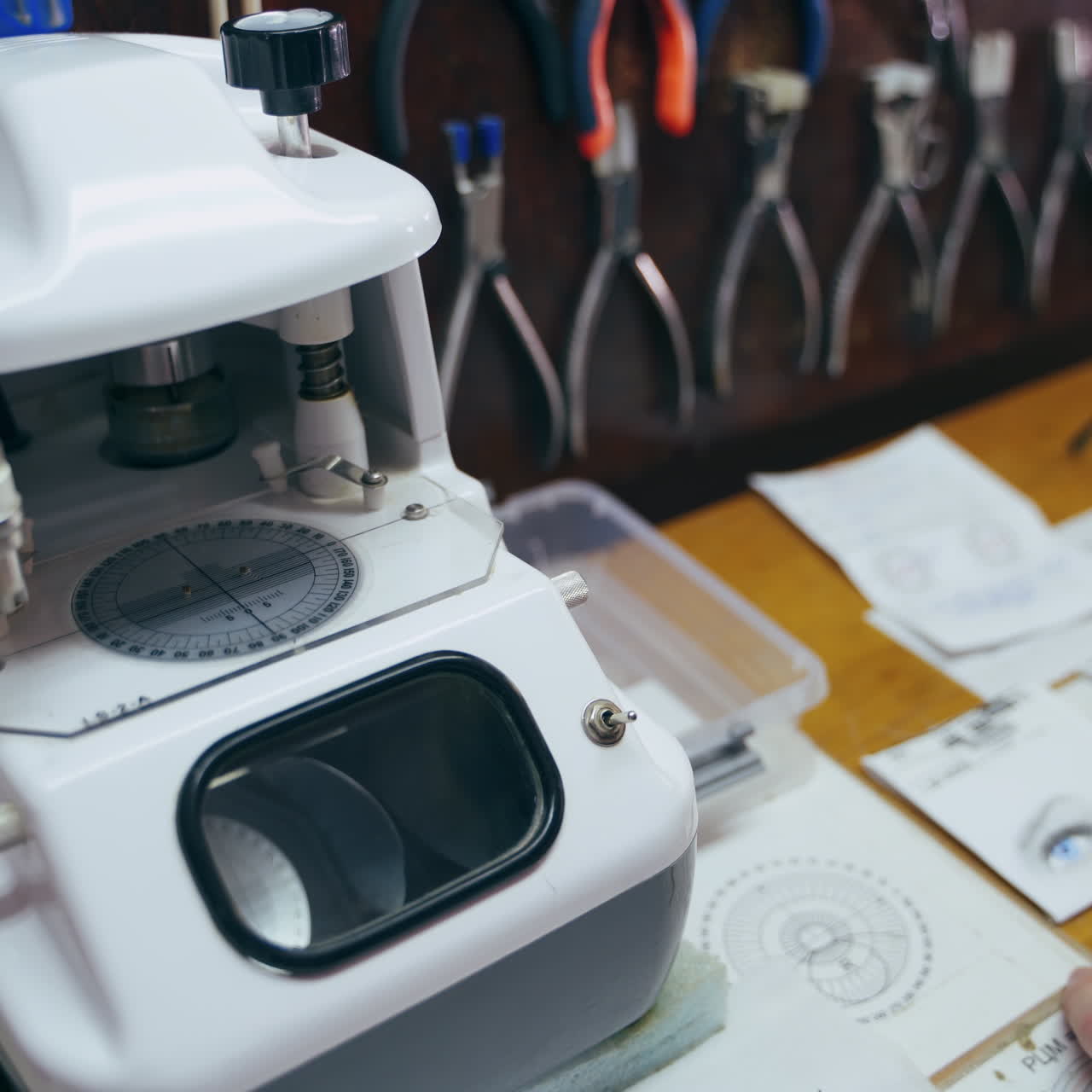 Master optician makes glasses in the modern laboratory. Optical equipment and professional worker making new eyeglasses.