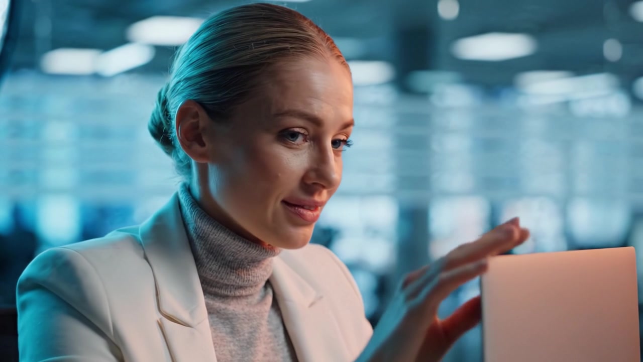 Focused Professional Woman Analyzing Data on Laptop in Modern Office Environment Under Soft Lighting with a Calm and Productive Atmosphere