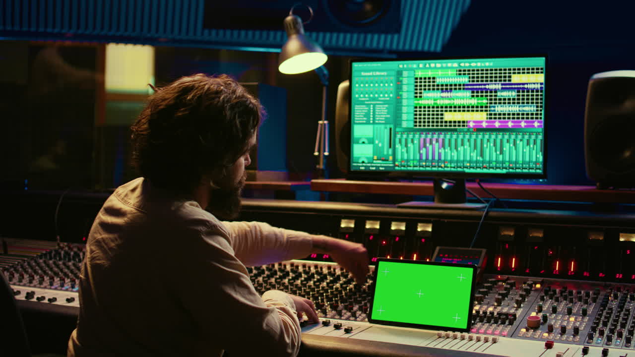 Audio technician working with music recording software and editing tunes