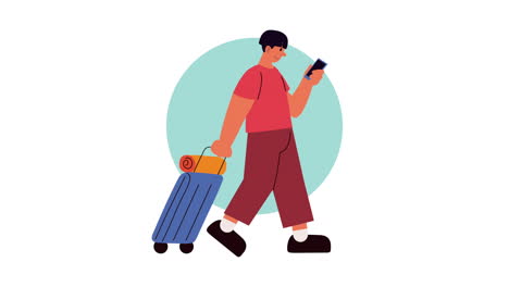 man traveling with luggage and mobile phone